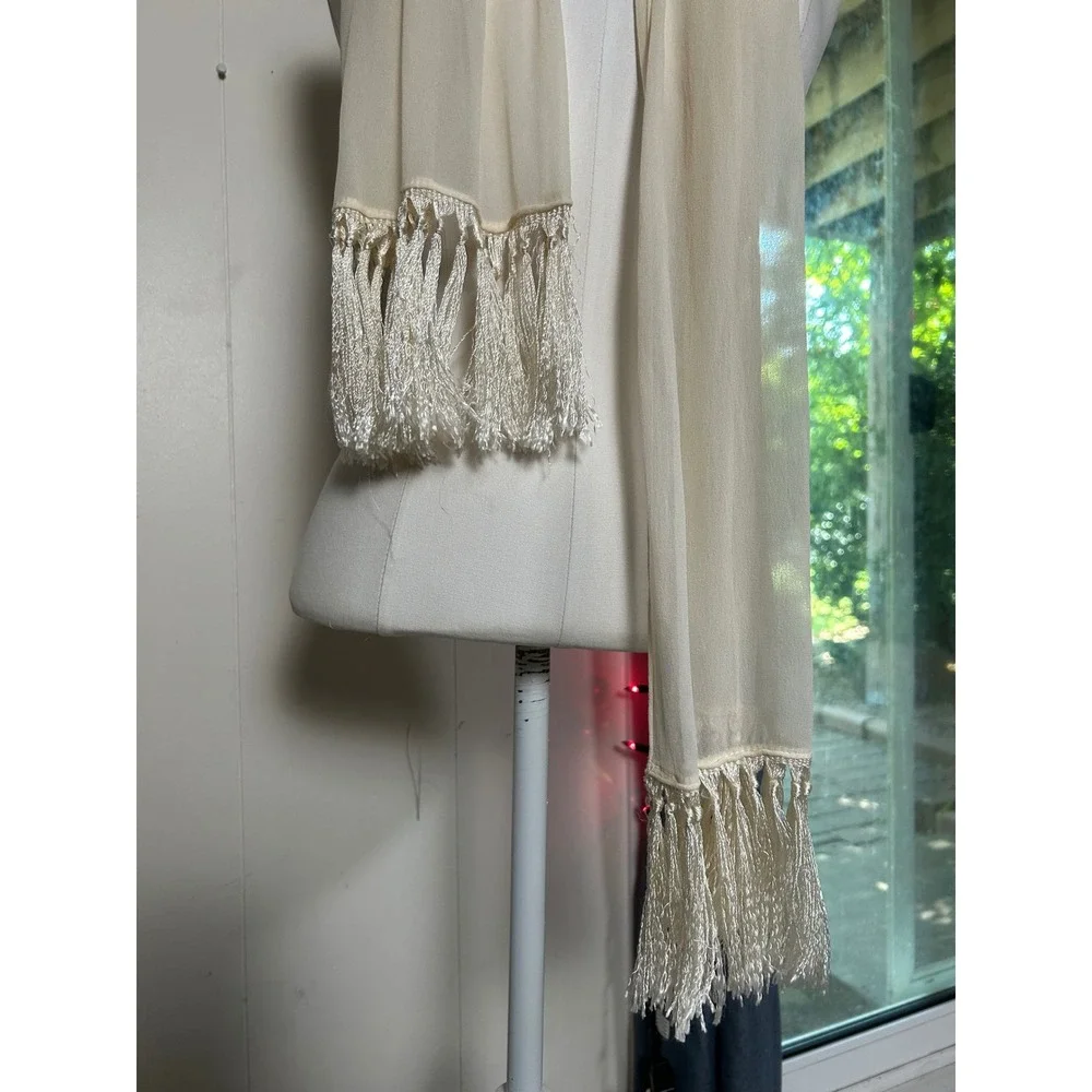 Vintage Cream Scarf Tassel Fringe Ivory Festival Chic Old Money Luxury Romantic